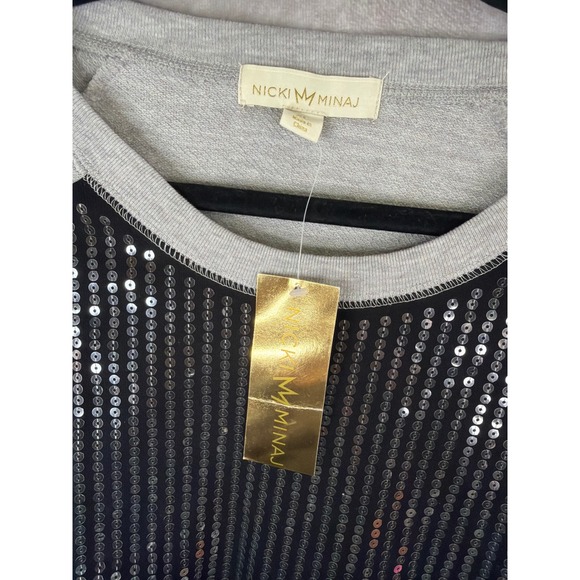 NWT Nicki Minaj Womens Black & Gray Sequins Raglan Sweatshirt Top XL Drawstring - Picture 3 of 5